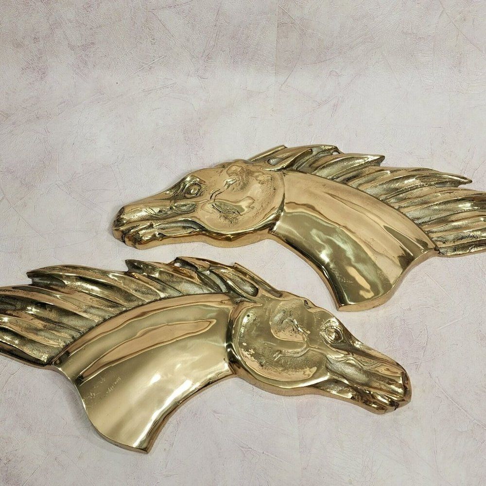 2 MC Vintage 16" x 7" Heavy Brass Horse‎ Head Wall Mount Decor